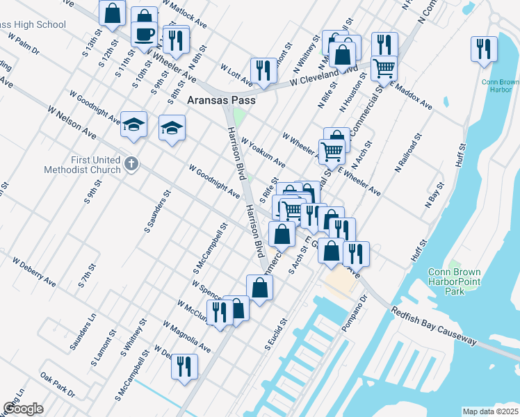 map of restaurants, bars, coffee shops, grocery stores, and more near 402 South Houston Street in Aransas Pass