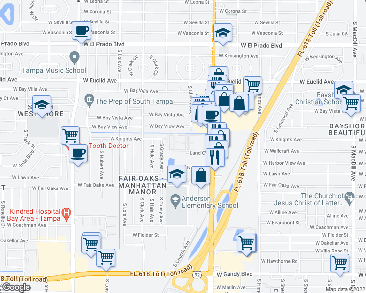 map of restaurants, bars, coffee shops, grocery stores, and more near 3817 North Oak Drive in Tampa