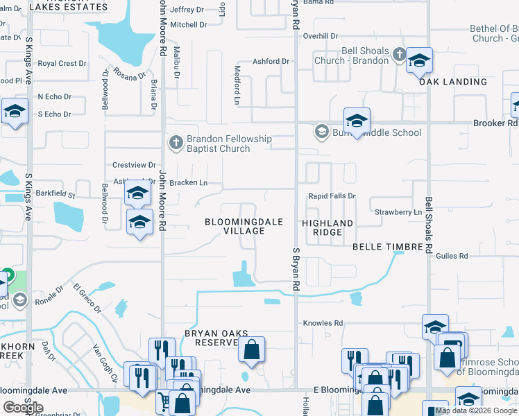 map of restaurants, bars, coffee shops, grocery stores, and more near 2927 Minuteman Lane in Brandon