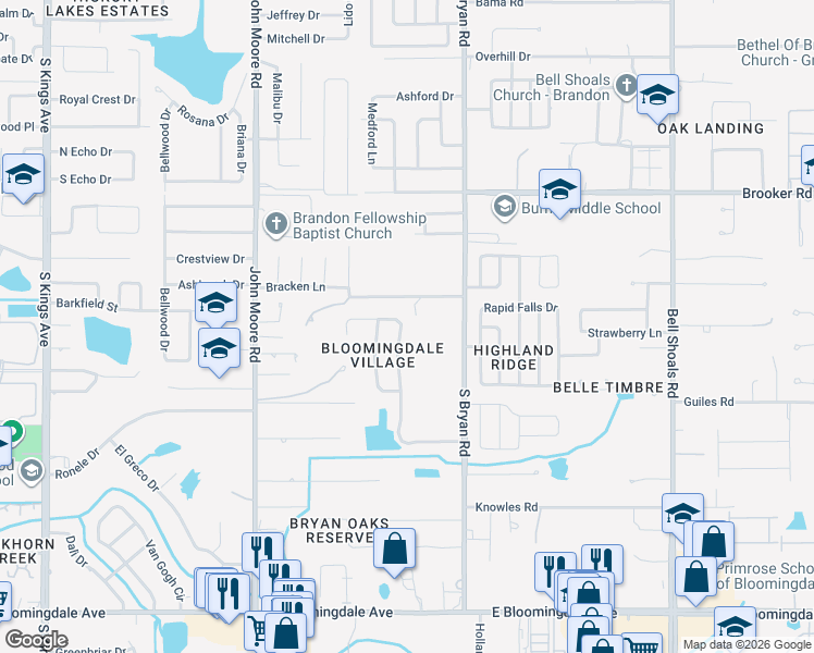 map of restaurants, bars, coffee shops, grocery stores, and more near 2927 Minuteman Lane in Brandon