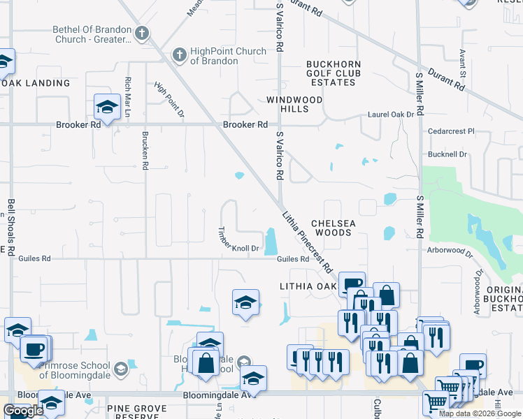 map of restaurants, bars, coffee shops, grocery stores, and more near 2808 Lithia Pinecrest Road in Valrico