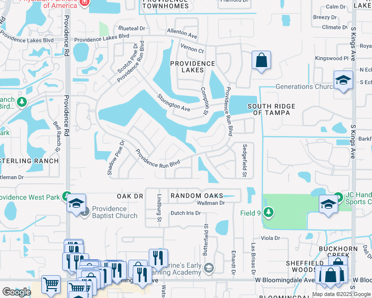map of restaurants, bars, coffee shops, grocery stores, and more near 1903 Redbridge Drive in Brandon