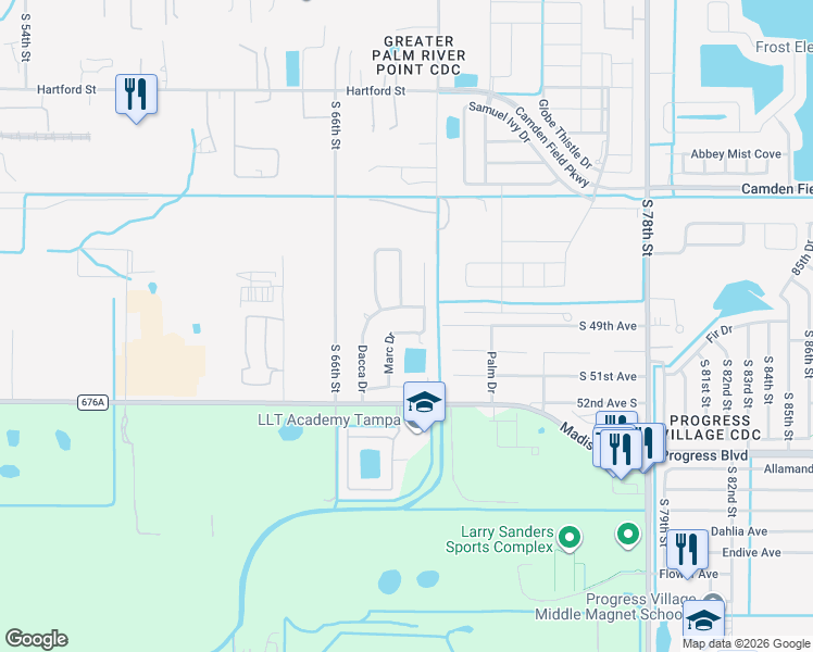 map of restaurants, bars, coffee shops, grocery stores, and more near 5013 Marc Drive in Tampa