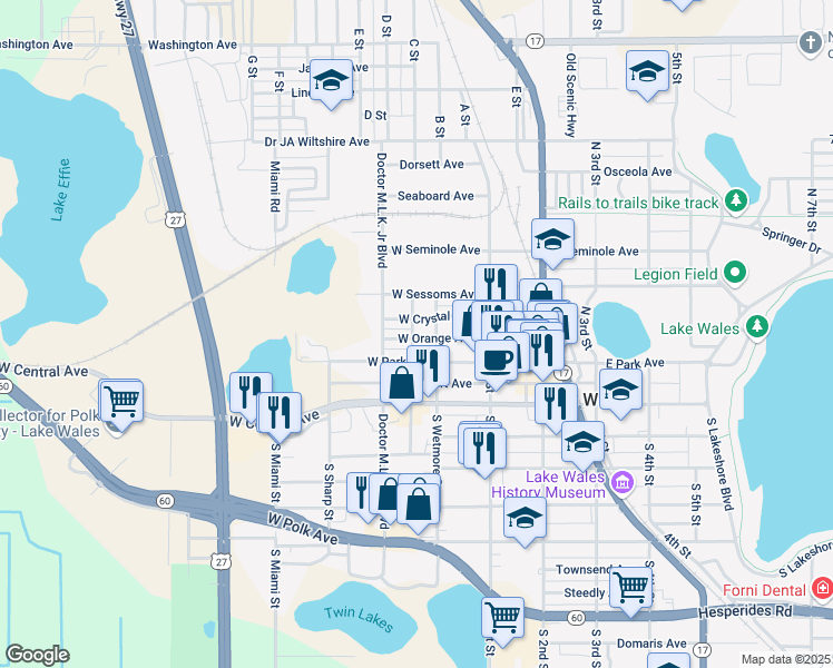 map of restaurants, bars, coffee shops, grocery stores, and more near 114 West Park Avenue in Lake Wales