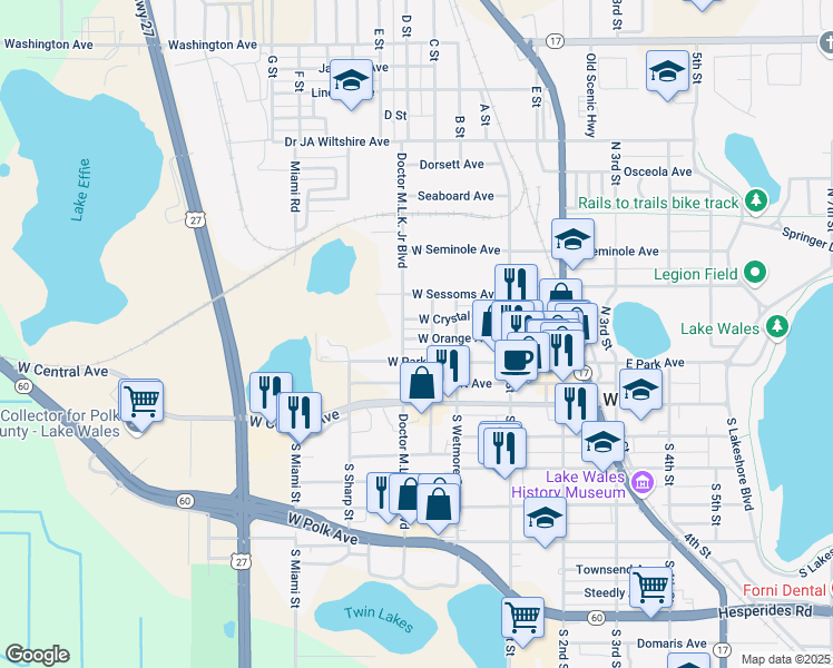 map of restaurants, bars, coffee shops, grocery stores, and more near 136 West Orange Avenue in Lake Wales