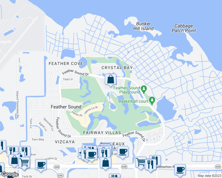 map of restaurants, bars, coffee shops, grocery stores, and more near 2400 Feather Sound Drive in Clearwater