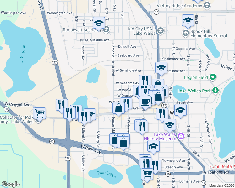 map of restaurants, bars, coffee shops, grocery stores, and more near 136 West Orange Avenue in Lake Wales