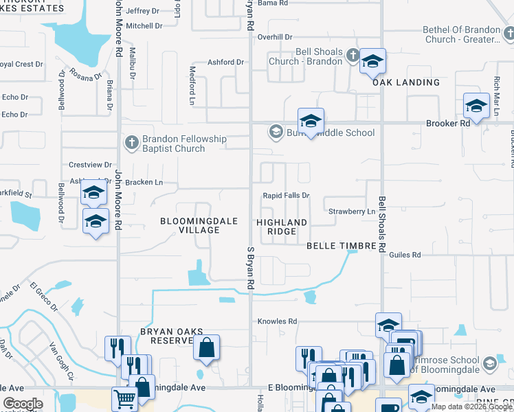 map of restaurants, bars, coffee shops, grocery stores, and more near 528 Rapid Falls Drive in Brandon