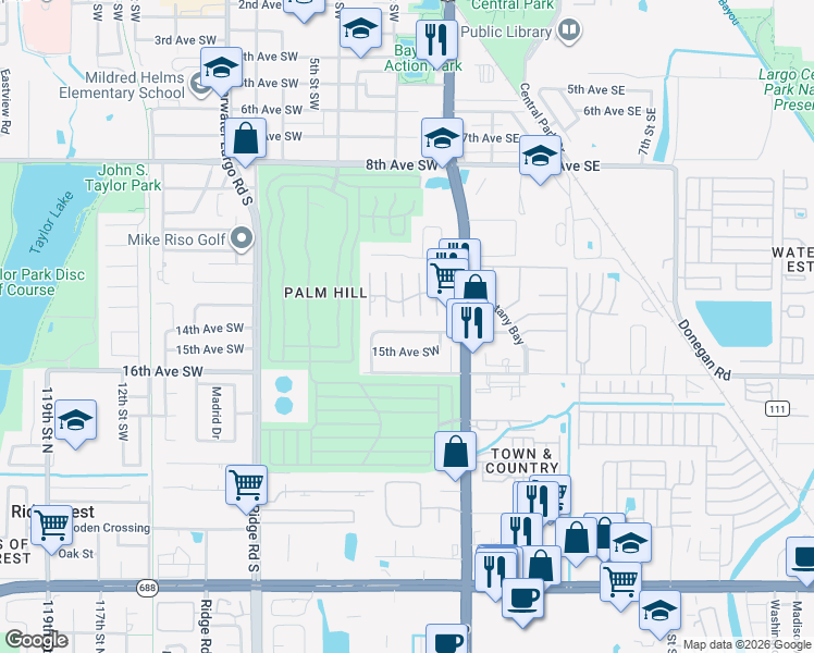 map of restaurants, bars, coffee shops, grocery stores, and more near 222 14th Avenue Southwest in Largo
