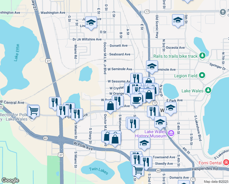 map of restaurants, bars, coffee shops, grocery stores, and more near 114 West Park Avenue in Lake Wales