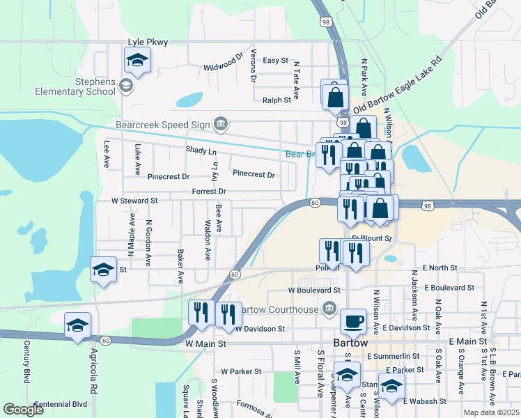 map of restaurants, bars, coffee shops, grocery stores, and more near 605 Dorothy Street in Bartow