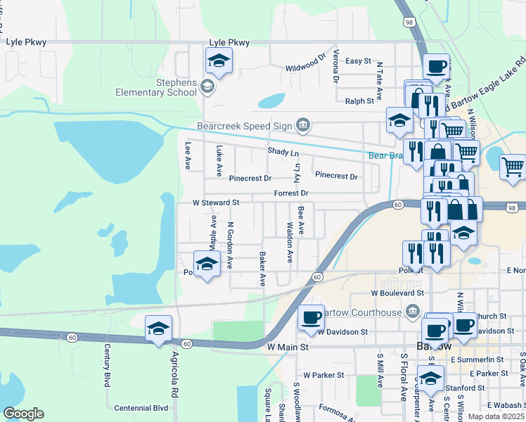 map of restaurants, bars, coffee shops, grocery stores, and more near 934 Baker Avenue in Bartow