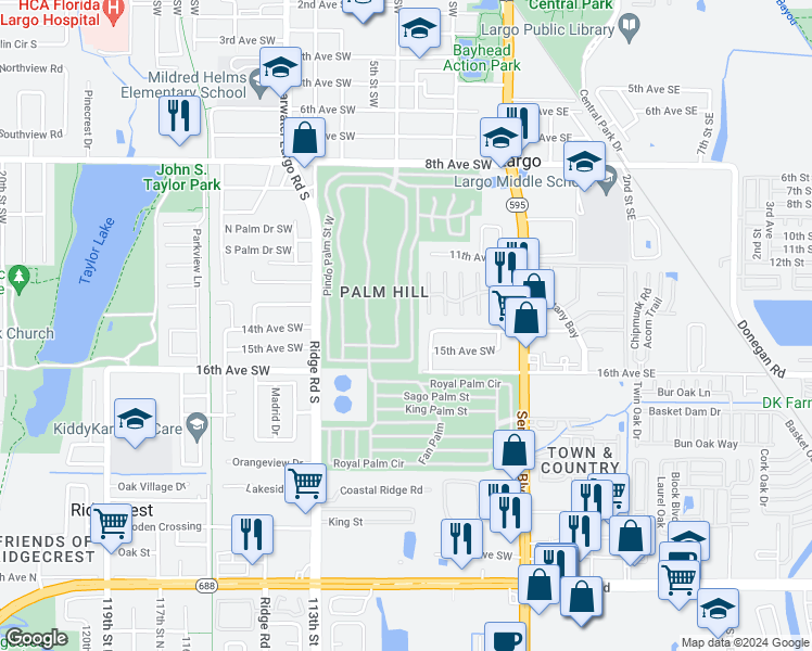 map of restaurants, bars, coffee shops, grocery stores, and more near 95 Pindo Palm Street East in Largo