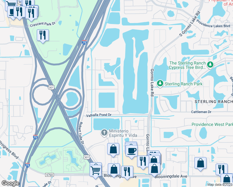 map of restaurants, bars, coffee shops, grocery stores, and more near 4815 Pond Ridge Drive in Riverview