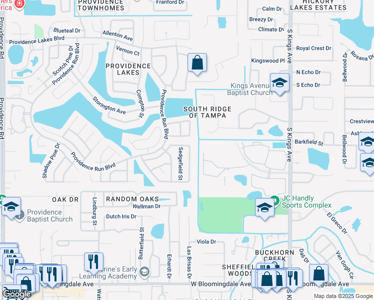 map of restaurants, bars, coffee shops, grocery stores, and more near 1518 Wakefield Drive in Brandon