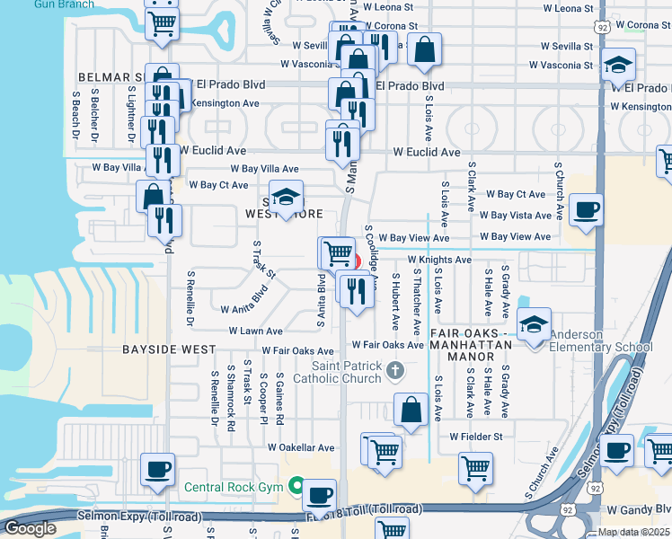 map of restaurants, bars, coffee shops, grocery stores, and more near 4033 South Manhattan Avenue in Tampa
