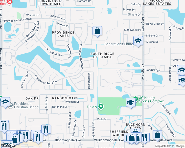 map of restaurants, bars, coffee shops, grocery stores, and more near 1615 Wakefield Drive in Brandon