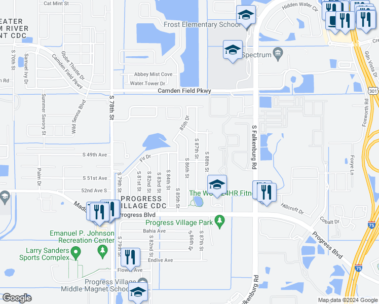 map of restaurants, bars, coffee shops, grocery stores, and more near 4822 South 86th Street in Tampa
