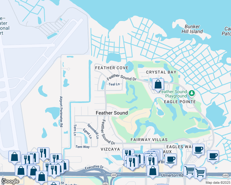 map of restaurants, bars, coffee shops, grocery stores, and more near 2950 Teal Lane in Clearwater
