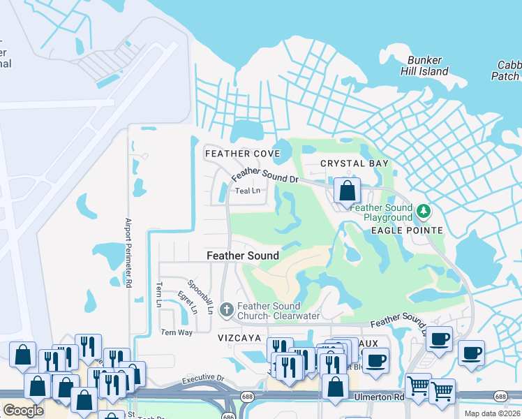map of restaurants, bars, coffee shops, grocery stores, and more near 2900 Sandpiper Place in Clearwater