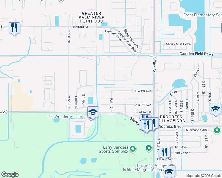 map of restaurants, bars, coffee shops, grocery stores, and more near 7028 South 49th Avenue in Tampa
