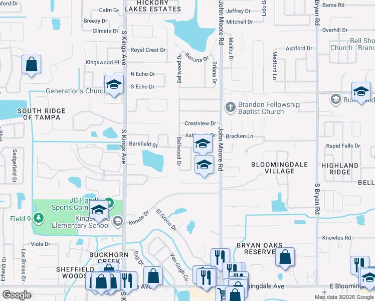 map of restaurants, bars, coffee shops, grocery stores, and more near 2835 Bellwood Drive in Brandon