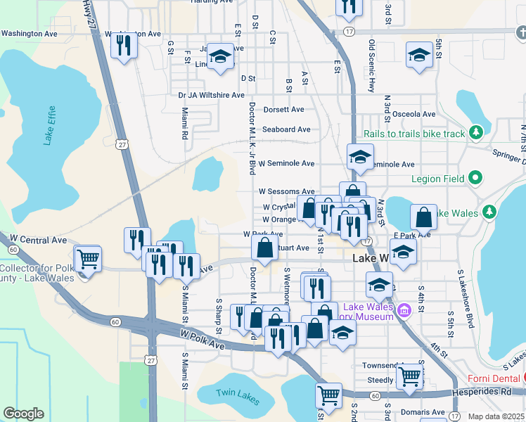 map of restaurants, bars, coffee shops, grocery stores, and more near 114 West Crystal Avenue in Lake Wales