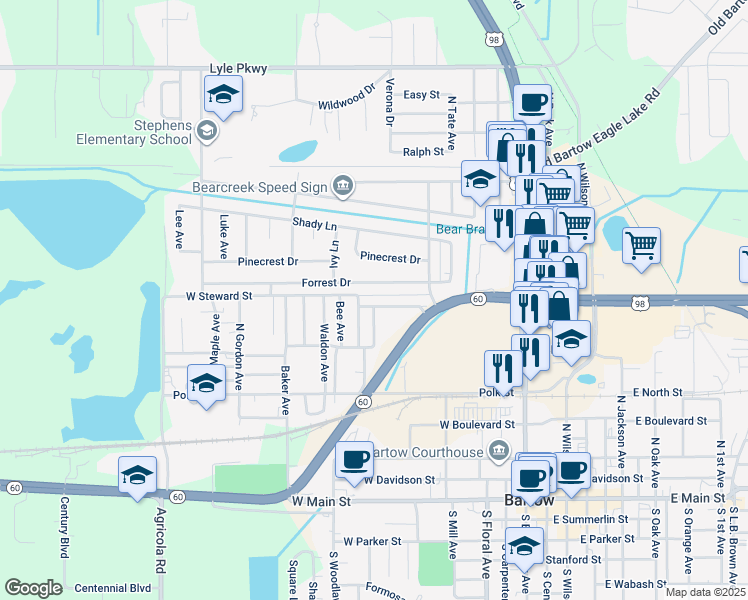map of restaurants, bars, coffee shops, grocery stores, and more near 660 Dorothy Street in Bartow