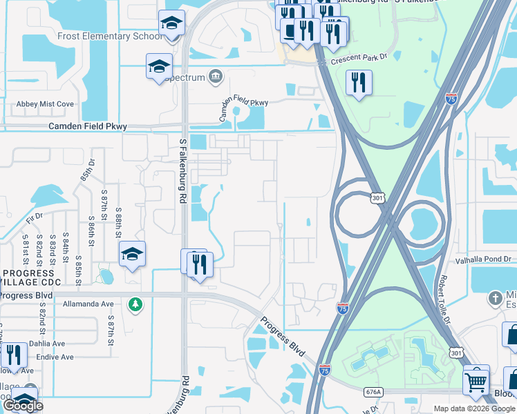 map of restaurants, bars, coffee shops, grocery stores, and more near 9303 American Hickory Lane in Riverview