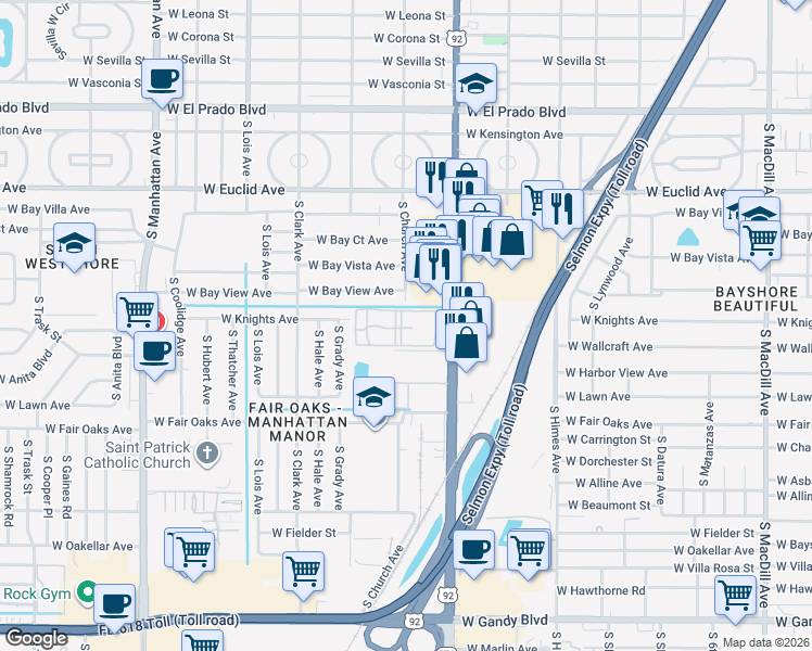 map of restaurants, bars, coffee shops, grocery stores, and more near 4207 South Dale Mabry Highway in Tampa