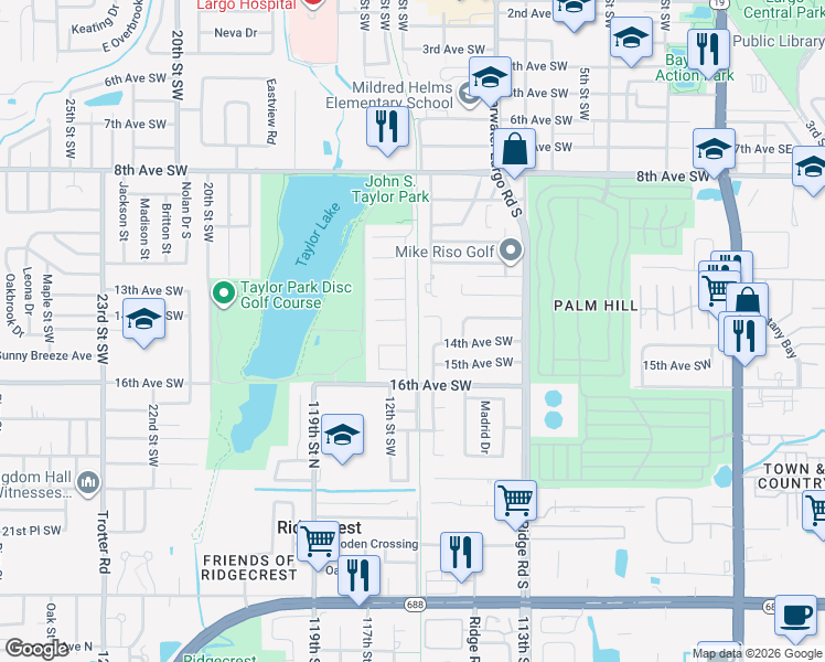 map of restaurants, bars, coffee shops, grocery stores, and more near 1410 Parkview Lane in Largo