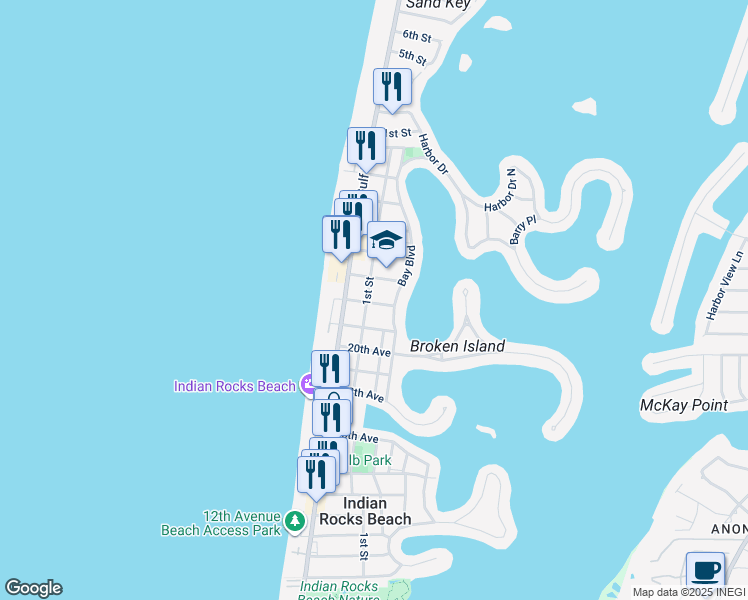 map of restaurants, bars, coffee shops, grocery stores, and more near 2207 1st Street in Indian Rocks Beach