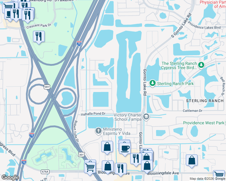 map of restaurants, bars, coffee shops, grocery stores, and more near 4742 Pond Ridge Drive in Riverview