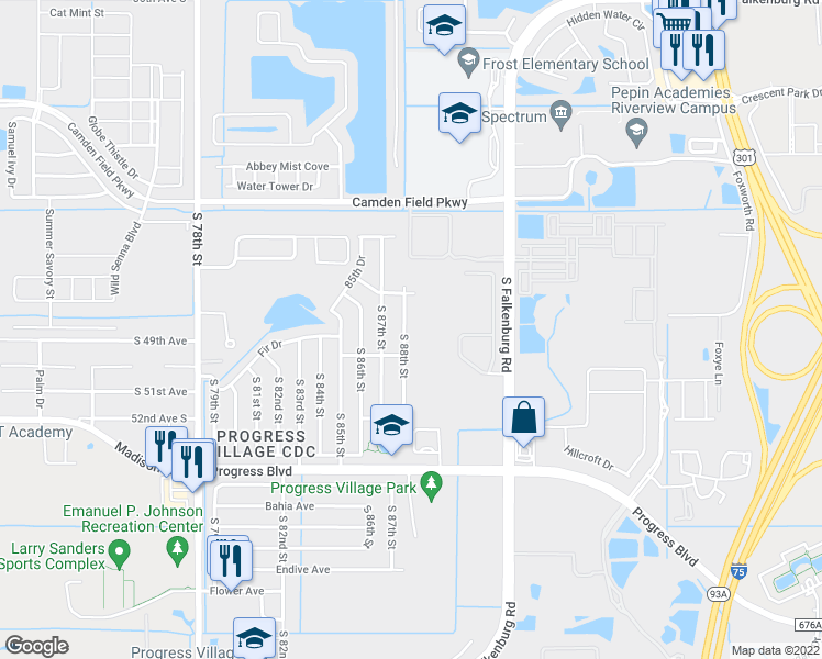 map of restaurants, bars, coffee shops, grocery stores, and more near 4814 South 88th Street in Tampa
