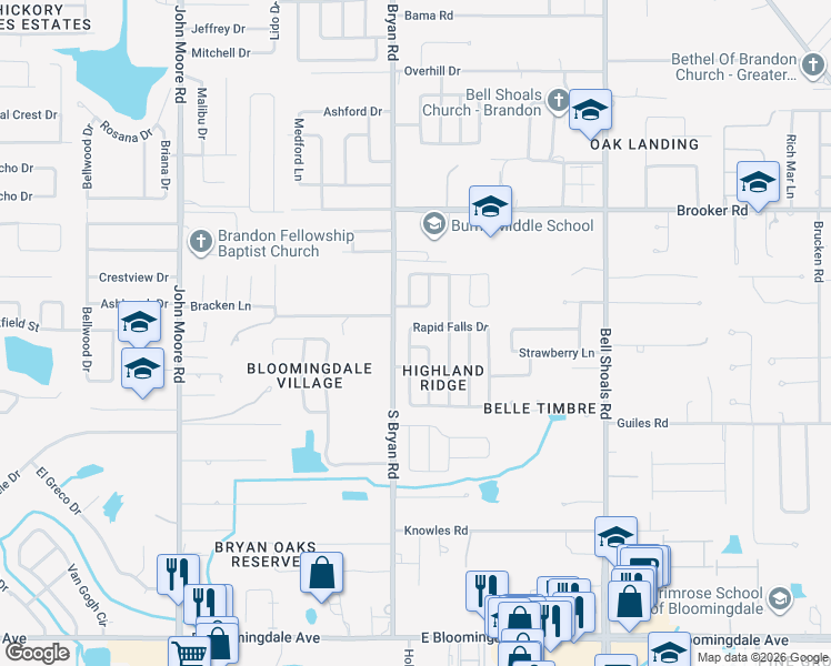map of restaurants, bars, coffee shops, grocery stores, and more near 516 Rapid Falls Drive in Brandon