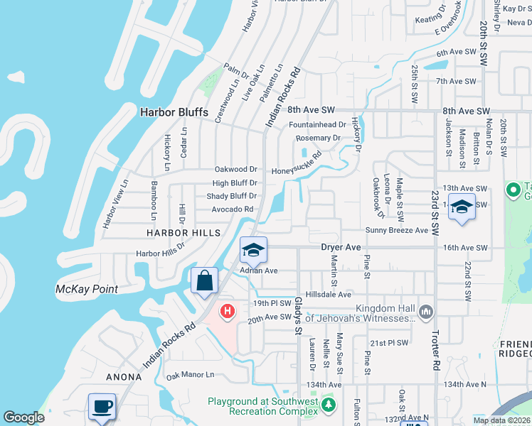map of restaurants, bars, coffee shops, grocery stores, and more near 3405 Avocado Road in Largo
