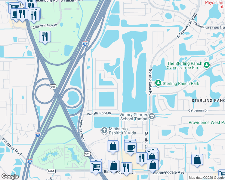 map of restaurants, bars, coffee shops, grocery stores, and more near 10156 Haverhill Ridge Drive in Riverview