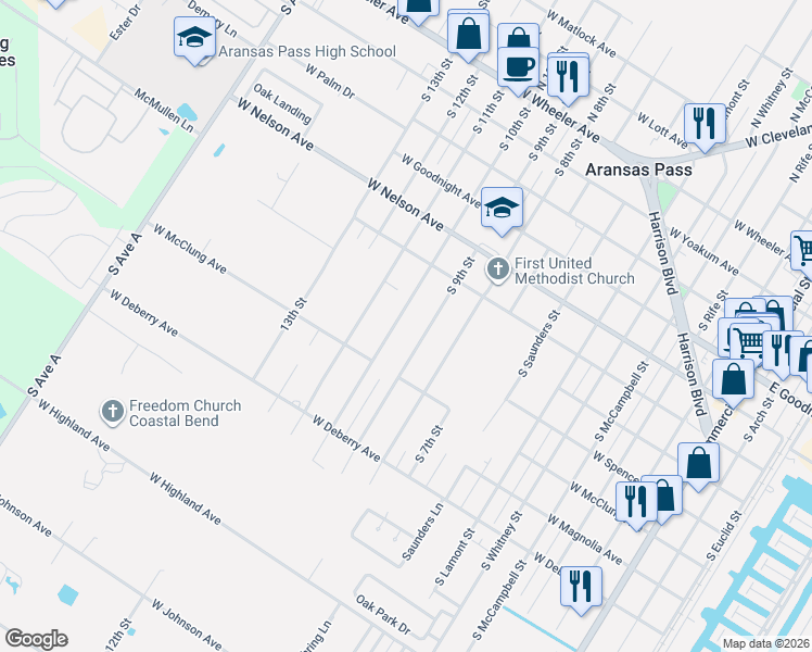 map of restaurants, bars, coffee shops, grocery stores, and more near 728 South 10th Street in Aransas Pass