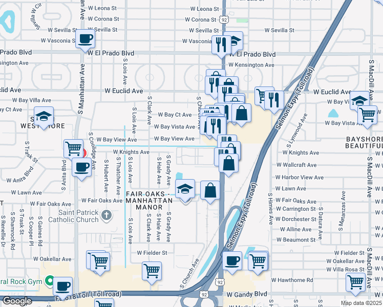 map of restaurants, bars, coffee shops, grocery stores, and more near 4207 South Dale Mabry Highway in Tampa