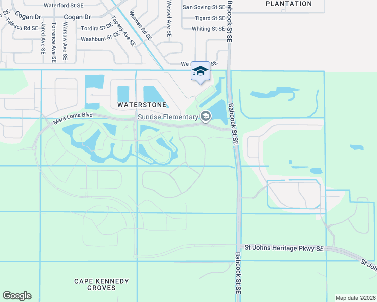 map of restaurants, bars, coffee shops, grocery stores, and more near 3587 Plume Way in Palm Bay