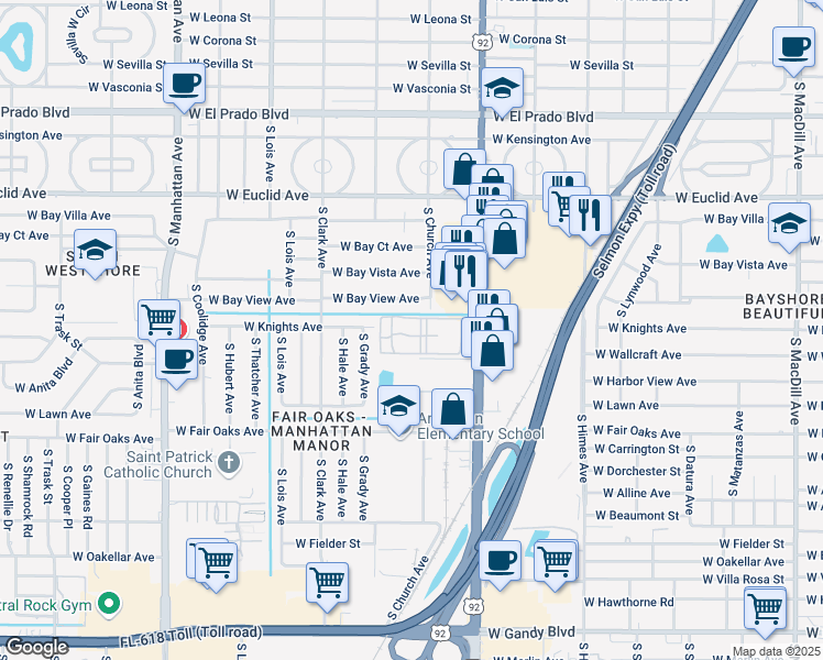 map of restaurants, bars, coffee shops, grocery stores, and more near 4207 South Dale Mabry Highway in Tampa