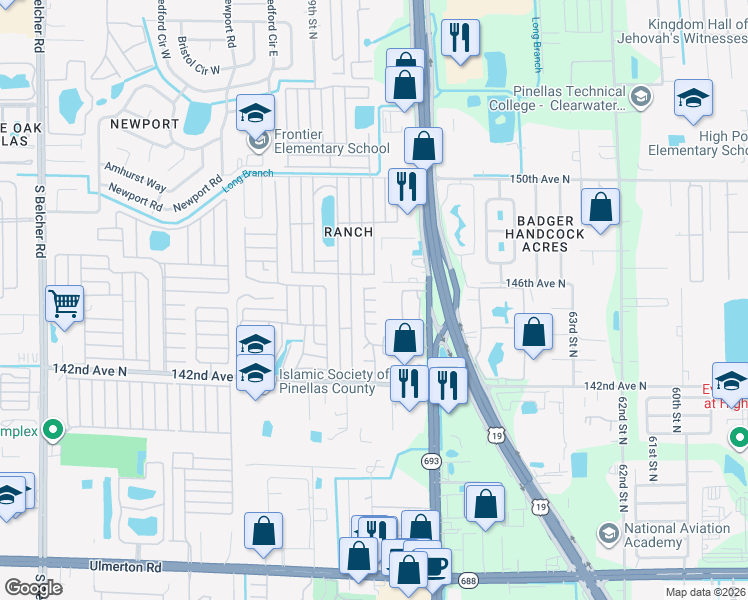 map of restaurants, bars, coffee shops, grocery stores, and more near 1023 10th Street in Clearwater