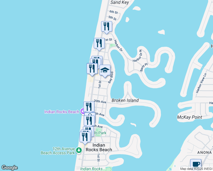 map of restaurants, bars, coffee shops, grocery stores, and more near 201 Bay Boulevard in Indian Rocks Beach