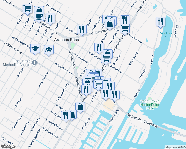 map of restaurants, bars, coffee shops, grocery stores, and more near 221 East Wilson Avenue in Aransas Pass
