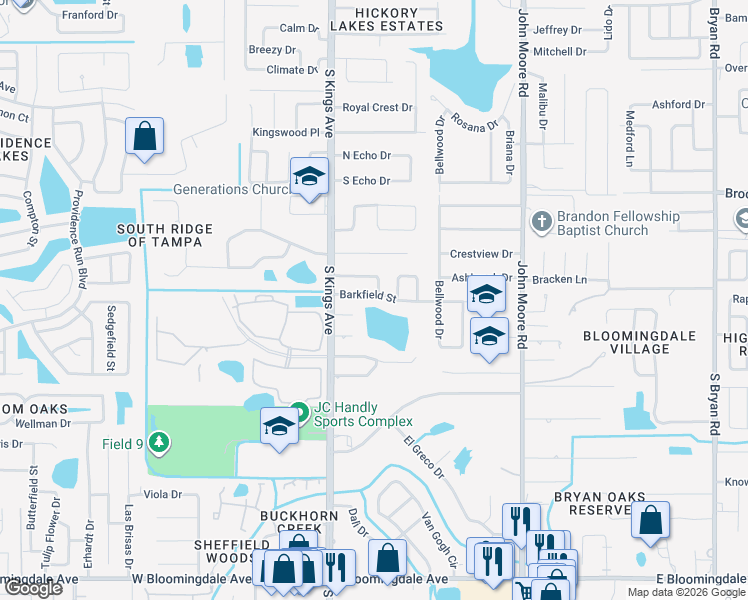 map of restaurants, bars, coffee shops, grocery stores, and more near 628 Barkfield Loop in Brandon