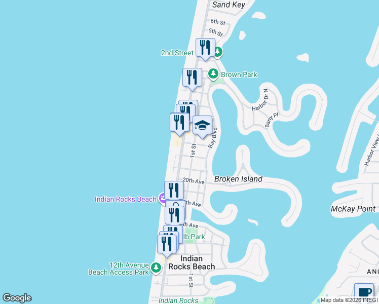 map of restaurants, bars, coffee shops, grocery stores, and more near 2207 1st Street in Indian Rocks Beach