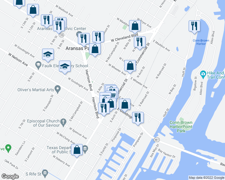 map of restaurants, bars, coffee shops, grocery stores, and more near 221 East Wilson Avenue in Aransas Pass