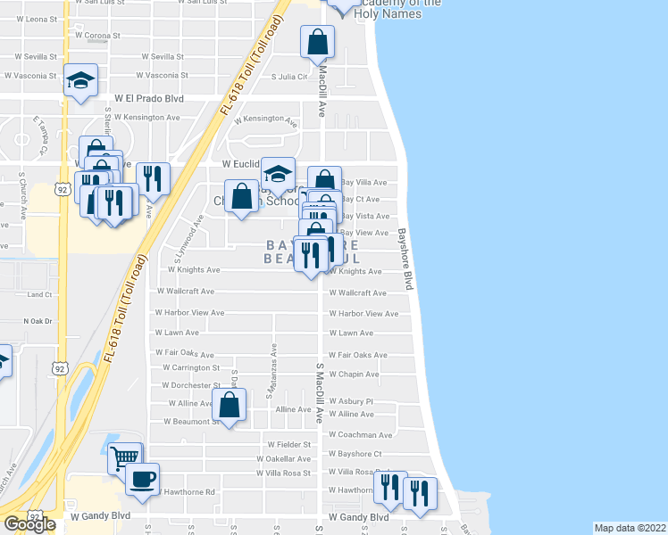 map of restaurants, bars, coffee shops, grocery stores, and more near 2983 West Knights Avenue in Tampa