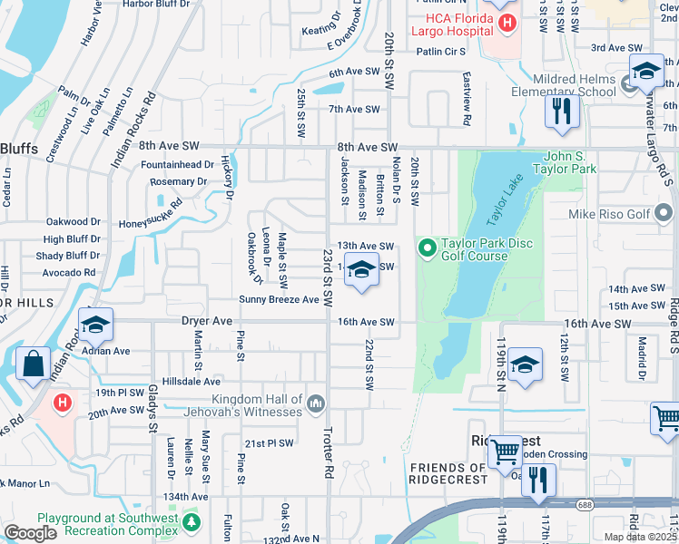 map of restaurants, bars, coffee shops, grocery stores, and more near 2403 14th Avenue Southwest in Largo