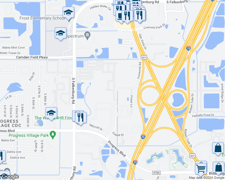 map of restaurants, bars, coffee shops, grocery stores, and more near 9307 American Hickory Lane in Riverview